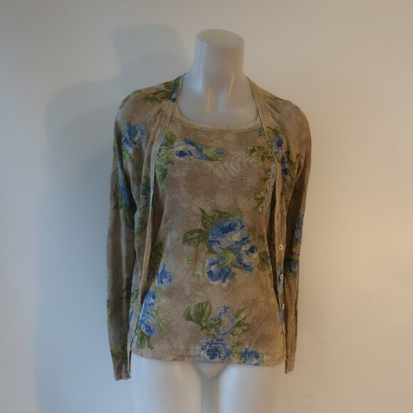 Escada Light Gold Metallic Floral 2PC Cardigan Sweater-Tank Set 34 EUR/US 2 - Picture 1 of 9